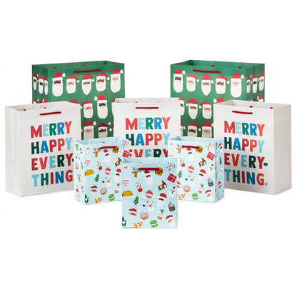 Hallmark Christmas Gift Bag Assortment (8 Holiday Bags; 3 Small 6", 3 Medium 9", 2 Large 13") Multicultural Santa Claus, Merry Happy Everything, Tacos, Donuts, Pizza, for Kids, Teachers, Foodies