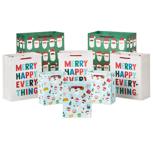 Hallmark Christmas Gift Bag Assortment (8 Holiday Bags; 3 Small 6", 3 Medium 9", 2 Large 13") Multicultural Santa Claus, Merry Happy Everything, Tacos, Donuts, Pizza, for Kids, Teachers, Foodies