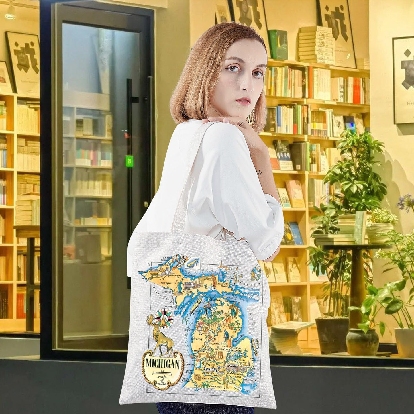 LEVLO Fun State Map Tote Bag - Michigan Travel Souvenir Gift - 1940's Michigan Cartoon Illustration Shoulder Bag