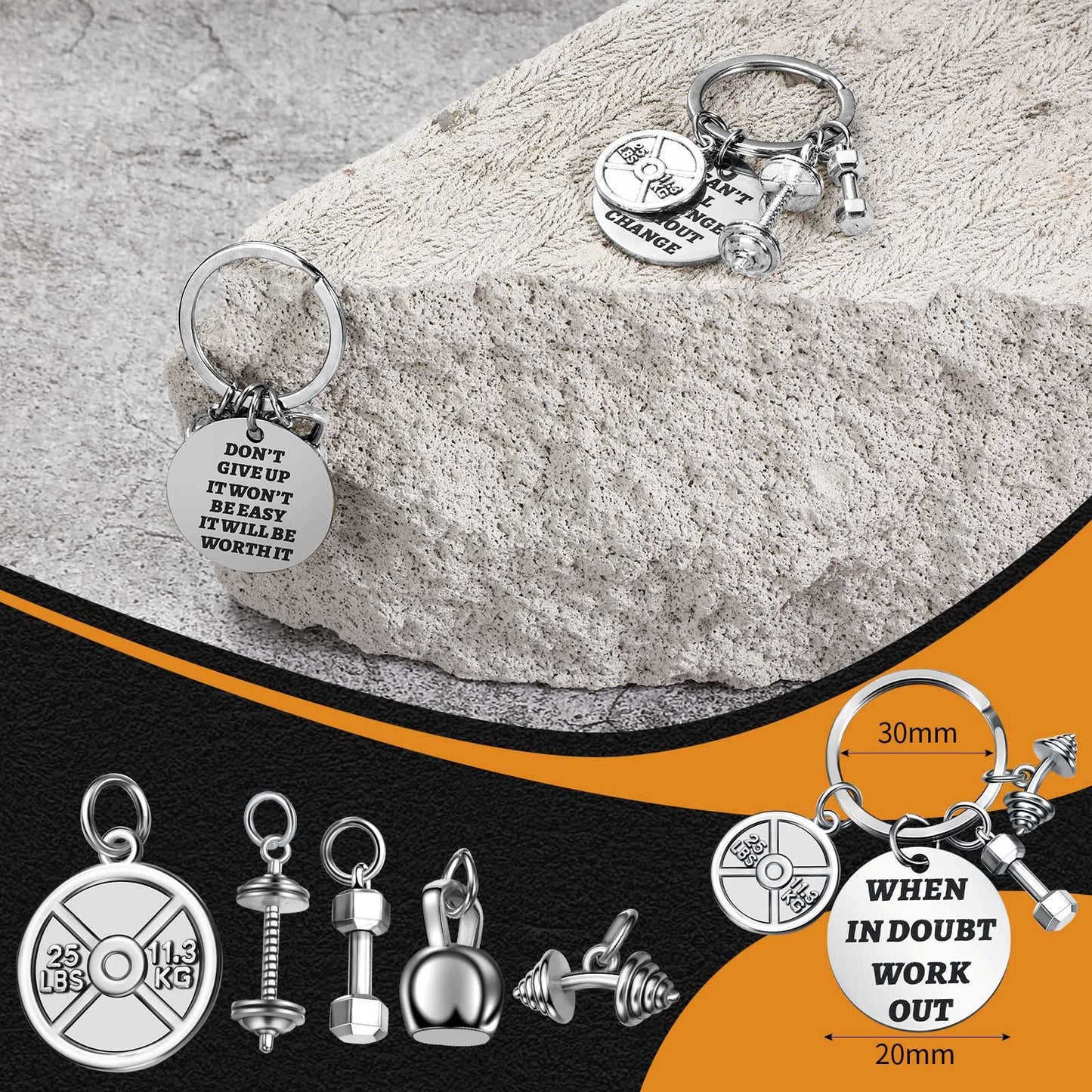 Yinkin 6 Pcs Fitness Gym Charm Keychains Stainless Steel Fitness Gifts with Quote Dumbbell Personal Trainer Workout Gifts for Women