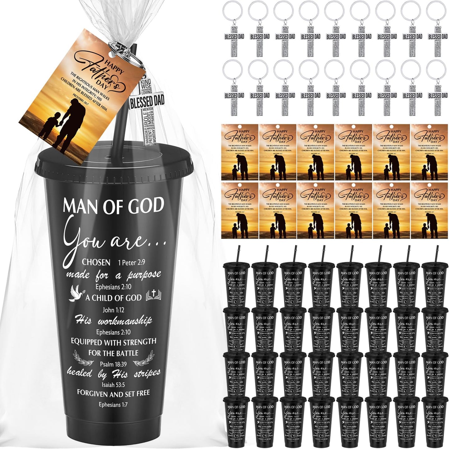 Skylety 40 Sets Father's Day Cup Gift Set Inspirational Christian Gift Bible Verse Tumbler Bulk Cups with Lids and Straws 24 oz Plastic Tumbler Religious Plastic Cup for Church Party Favor