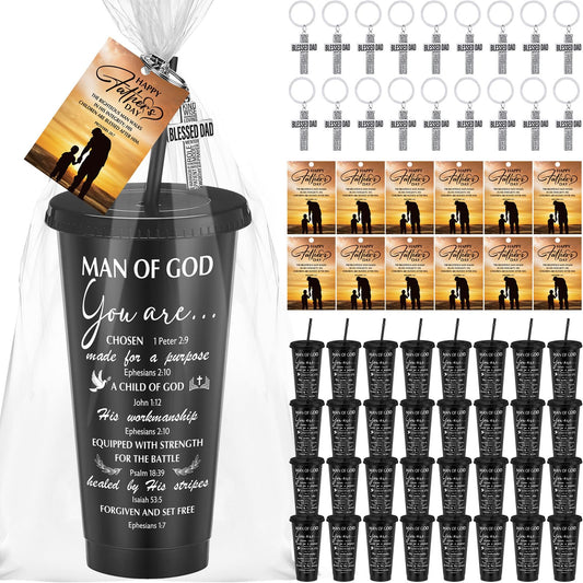 Skylety 40 Sets Father's Day Cup Gift Set Inspirational Christian Gift Bible Verse Tumbler Bulk Cups with Lids and Straws 24 oz Plastic Tumbler Religious Plastic Cup for Church Party Favor