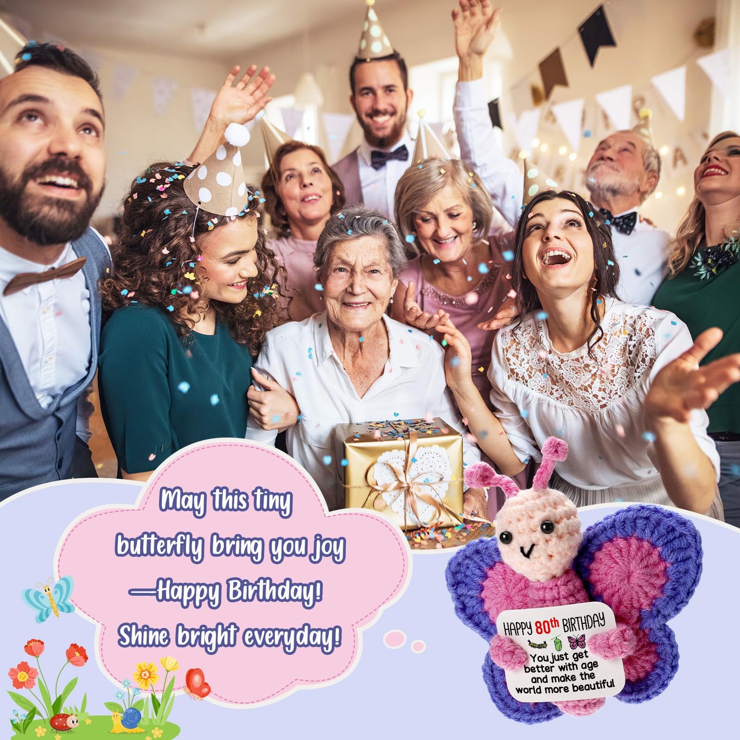 80th Birthday Gifts for Women, Tiny Crochet Butterfly Plush with Pink Purple Wings Holding Positive Note, Happy 80th Birthday Decoration & Gift for 80 Year Old Women