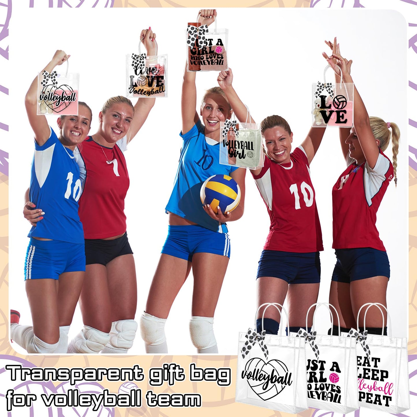 Vicenpal 12 Sets Clear Volleyball Gift Bag with Handles 12 Pcs Bows PVC Plastic Volleyball Treat Goodie Snack Bags 7.9 x 7.9 x 3.1'' Sport Theme Party Favors for Birthday Holiday Sports Team Gifts