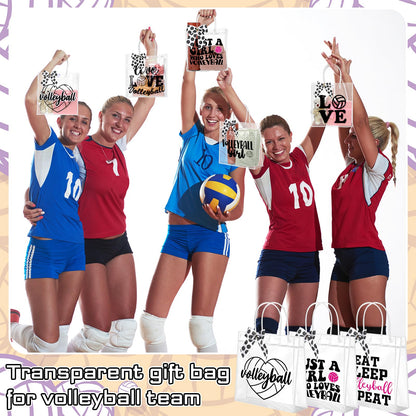 Vicenpal 12 Sets Clear Volleyball Gift Bag with Handles 12 Pcs Bows PVC Plastic Volleyball Treat Goodie Snack Bags 7.9 x 7.9 x 3.1'' Sport Theme Party Favors for Birthday Holiday Sports Team Gifts
