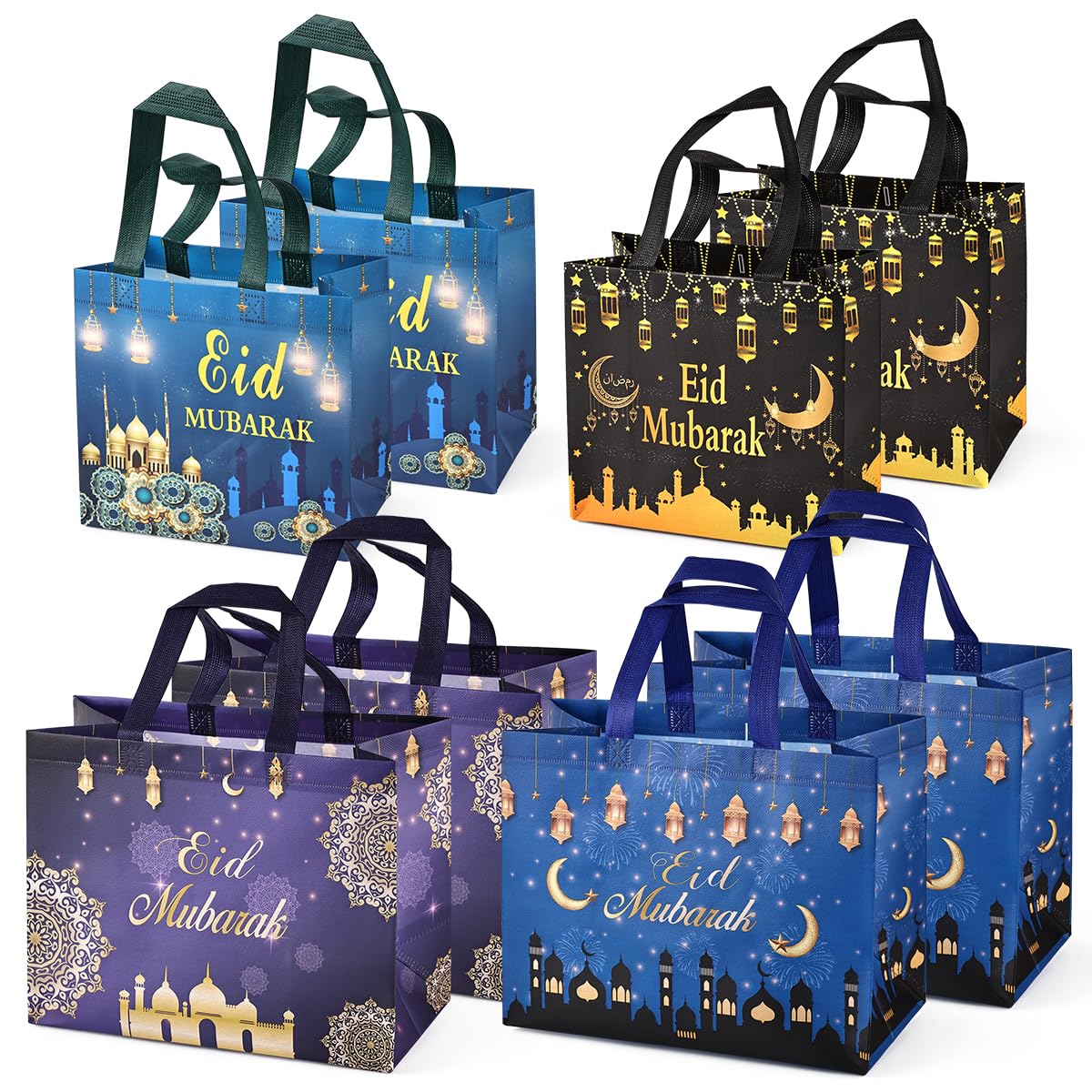 PARSUP 8PCS Eid Mubarak Reusable Gift Bags, Assorted Sizes Non-Woven Party Treat Bags with Handles for Gifts Wrapping, Party Supplies