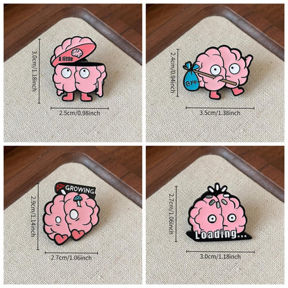 4PCS Fun Brain-Shaped Metal Pins - Neuroscience Enthusiast Gift, Clothing & Bag Accessories with Cute Expressions (Loading, Bye, Growing, A Little)