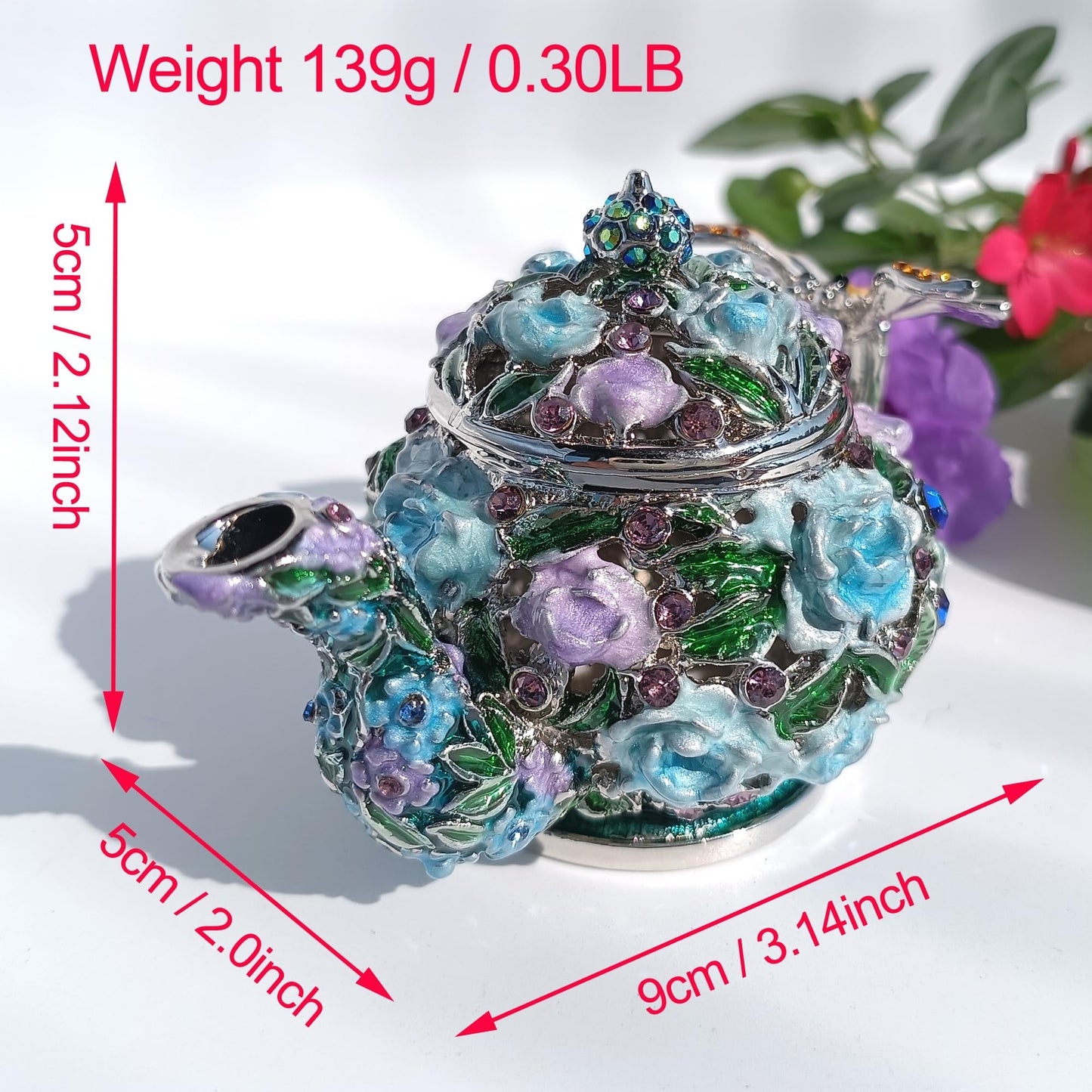 Enamel Teapot Trinket Box Hand-Painted Metal Vintage Jewelry Organizer Unique Ring Holder & Collectible Ornament Purple-Blue