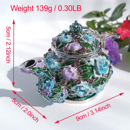 Enamel Teapot Trinket Box Hand-Painted Metal Vintage Jewelry Organizer Unique Ring Holder & Collectible Ornament Purple-Blue