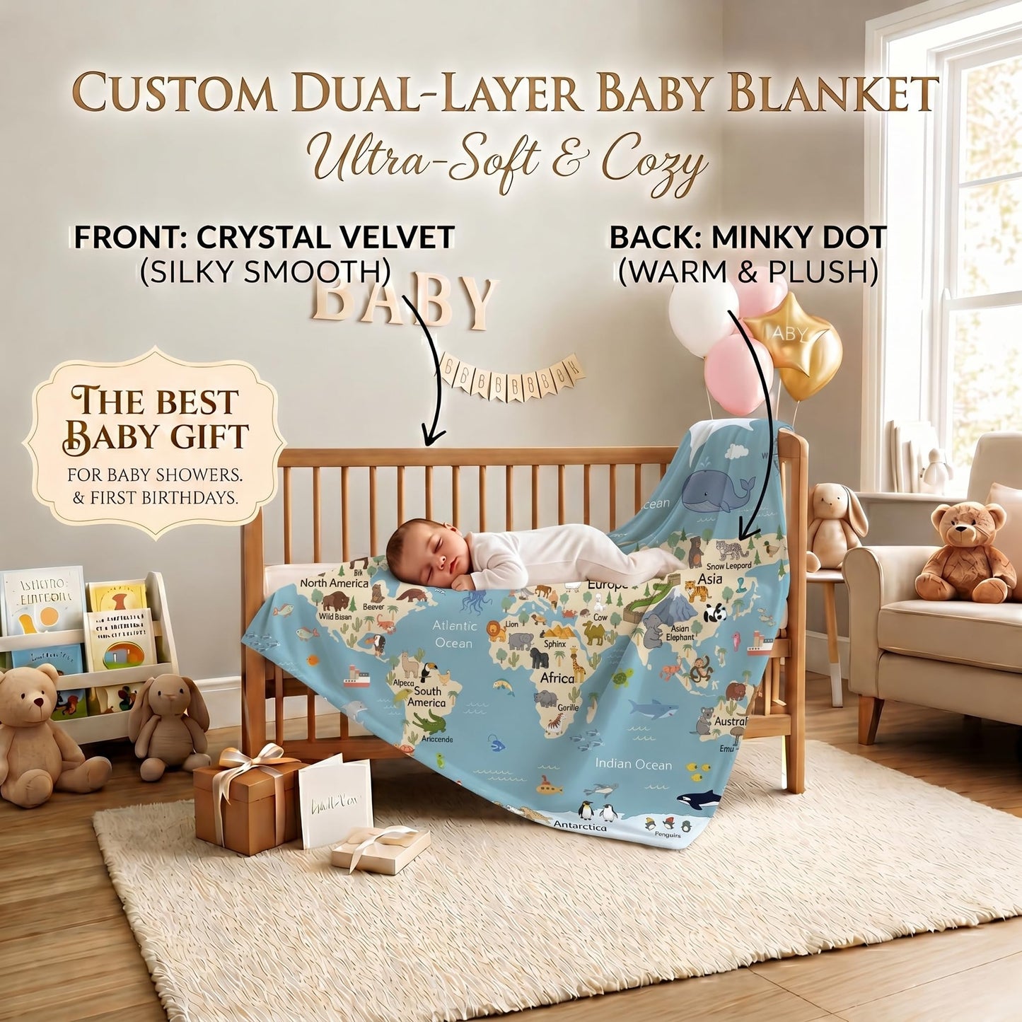Ship Next Day Personalized Cotton Minky Baby Blanket with Name Text Custom Handmade Embroidered Blankets Customized Anniversary Picture Gift Throw for Boy Girl Kid Dad Mom Mama (World Map)