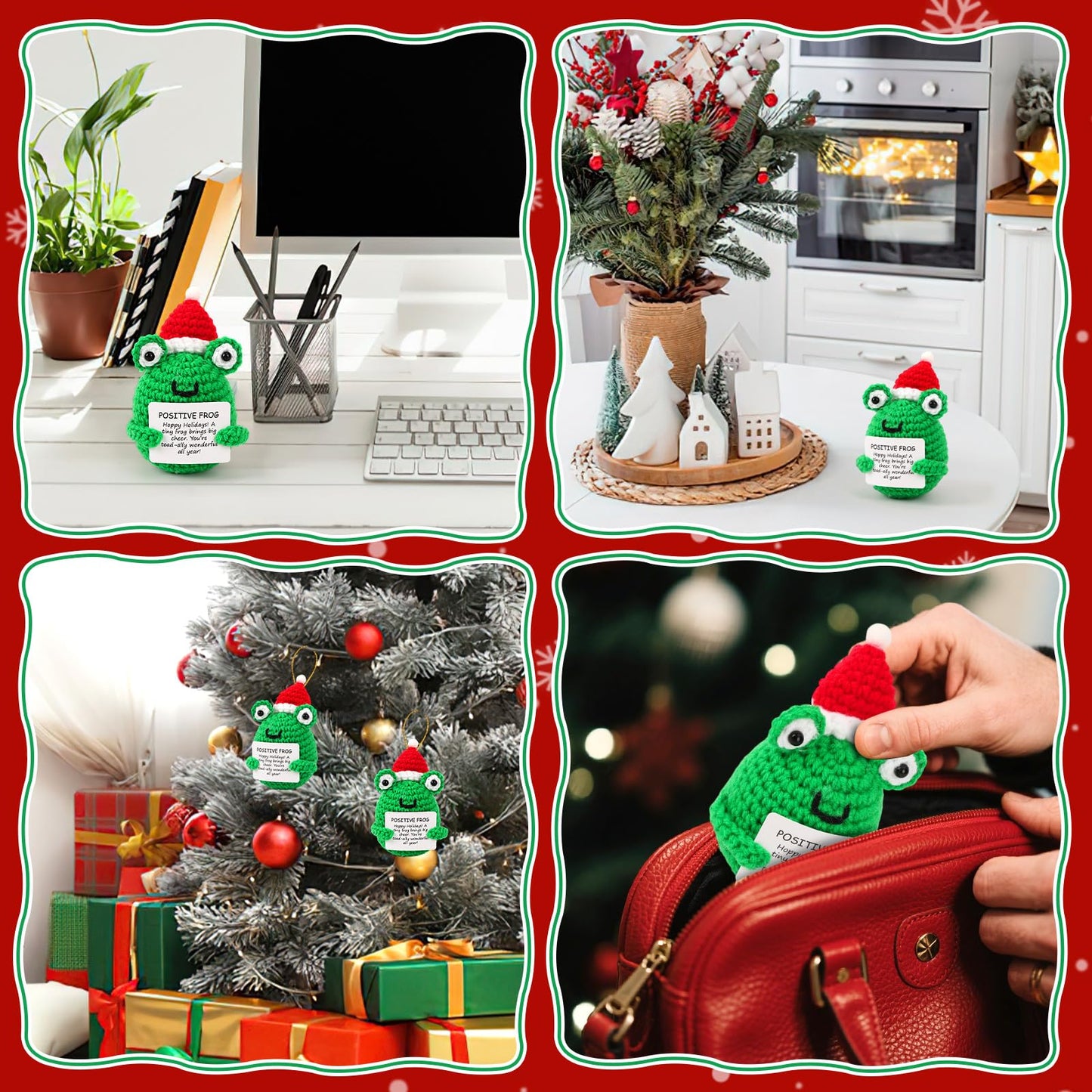 Mini Christmas Positive Frog Emotional Crochet Animals Knitted Doll with Positive Card for Coworkers Best Friend Encouragement Funny Gifts for Women Men Xmas Party Decor