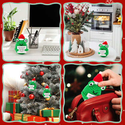Mini Christmas Positive Frog Emotional Crochet Animals Knitted Doll with Positive Card for Coworkers Best Friend Encouragement Funny Gifts for Women Men Xmas Party Decor