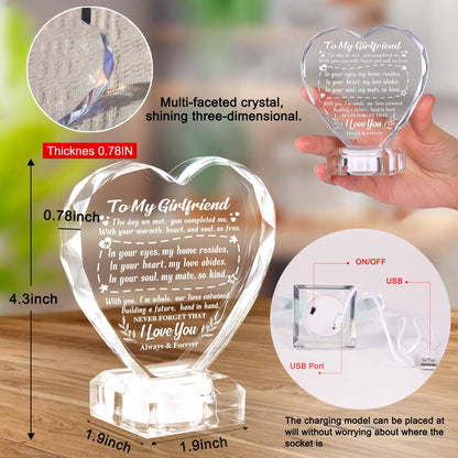 Unique Gifts for My Girlfriend, Love Crystal Gift for Girlfriend Christmas Day Birthday, Engraved Crystal Heart with Rechargeable Color-Changing LED Base, Perfect Christmas Gifts (Girlfriend)