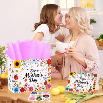 Konsait Happy Mothers Day Gift Bags Set with Tissue Paper, Greeting Card, Envelope & Stickers, Large Favor Bags for Mom Birthday & Gift Wrapping Supplies