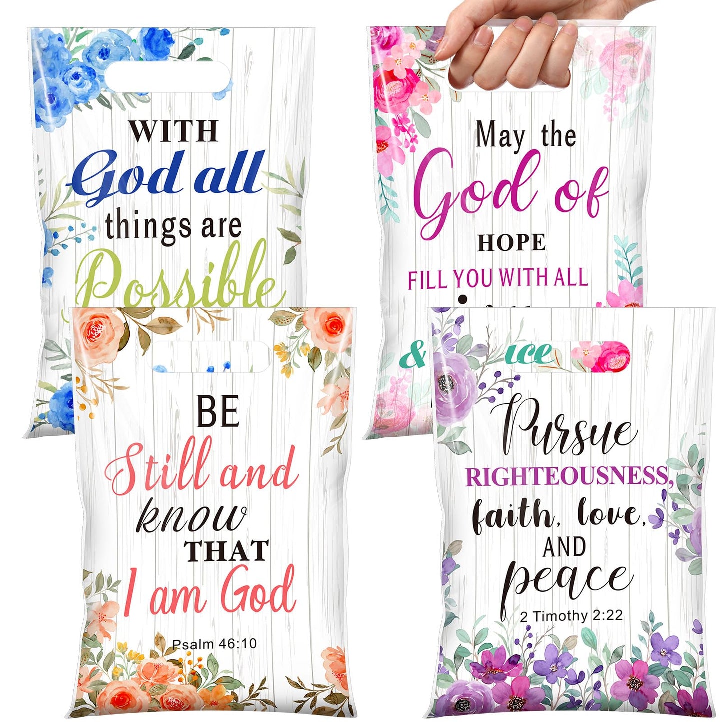 Pasimy 100 Pcs Christian Gift Bags Mother's Day Religious Bible Floral Plastic Bags with Handles Christian Bible Party Favor Pouch Inspirational Flower Candy Goodie Pouch for Women Wedding Church Gift