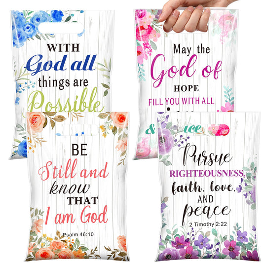 Pasimy 100 Pcs Christian Gift Bags Mother's Day Religious Bible Floral Plastic Bags with Handles Christian Bible Party Favor Pouch Inspirational Flower Candy Goodie Pouch for Women Wedding Church Gift