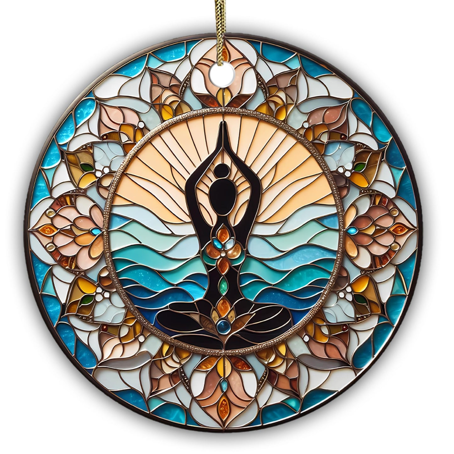 Yoga Meditation Ceramic Ornament – Tranquil Lotus Pose Sun & Waves Design – Spiritual Home Décor Gift for Yoga Lovers, Mindfulness, Zen & Boho Style