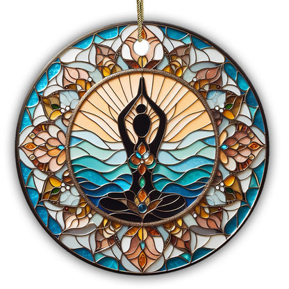 Yoga Meditation Ceramic Ornament – Tranquil Lotus Pose Sun & Waves Design – Spiritual Home Décor Gift for Yoga Lovers, Mindfulness, Zen & Boho Style