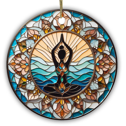 Yoga Meditation Ceramic Ornament – Tranquil Lotus Pose Sun & Waves Design – Spiritual Home Décor Gift for Yoga Lovers, Mindfulness, Zen & Boho Style