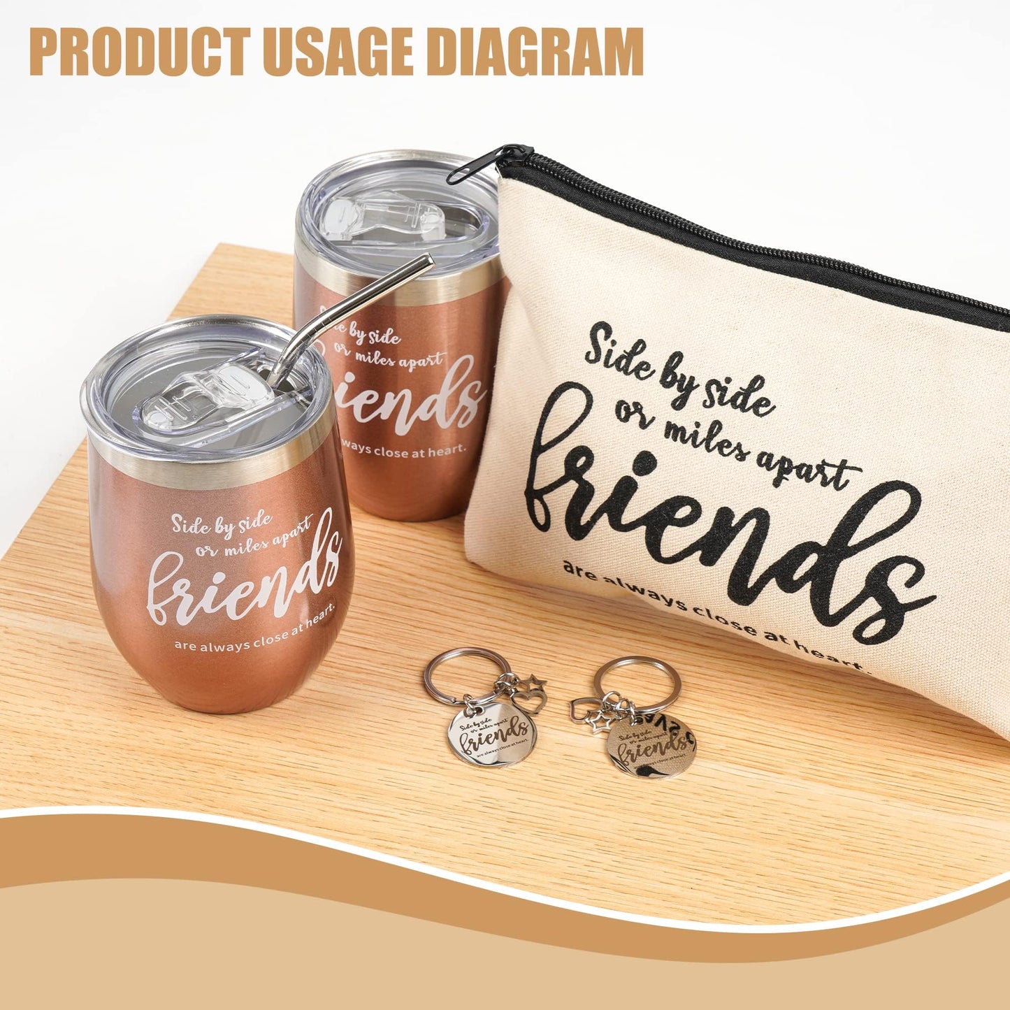 Kolewo4ever 12 Pieces Girl Trip Gifts Favors Bulk Friend Appreciation Gifts Set 4 Friends Wine Tumbler 4 Friends Cosmetic Bag 4 Keychains Appreciation Funny Long Distance Friendship Gift