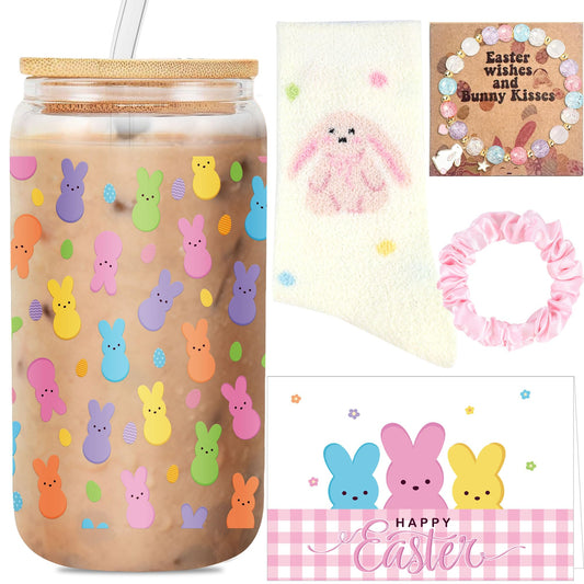 Easter Gifts for Teen Girls & Women, 5 Pcs Easter Basket Stuffers, Bunny Gift Set with 16oz Rabbit Glass Tumbler, Cute Greeting Card, Bracelet, Hair Scrunchie, Socks