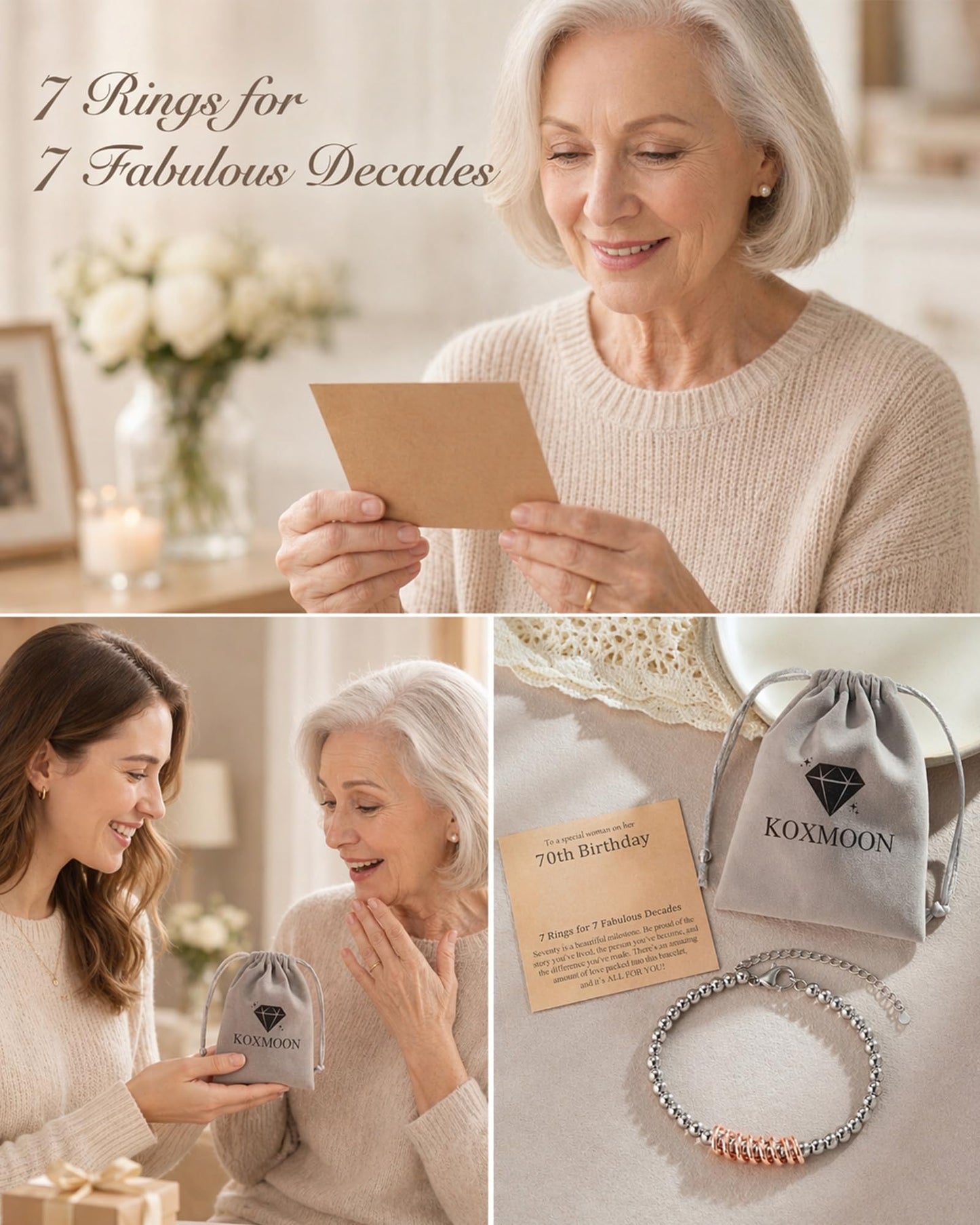 Classy 30th 40th 50th 60th 70th Birthday Gifts for Women Her, Inspirational Rose Gold Charm Bracelet Gifts for 30 50 60 Year Old Women Happy Birthday with Message Card