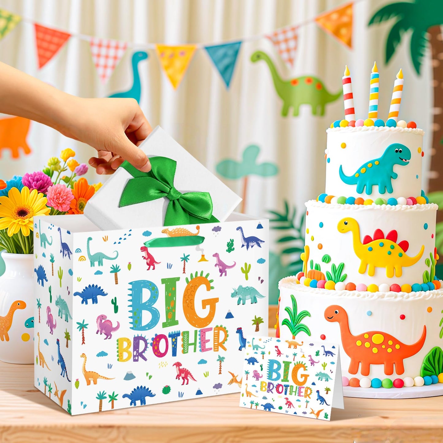 Big Brother Gift Bag for Boys, Cute Big Bro Gift Bag with Tissue Paper and Greeting Card Green Wrapping Paper Cartoon Dinosaur New Brother Party Decoration for Little Boy Birthday Party Supplies