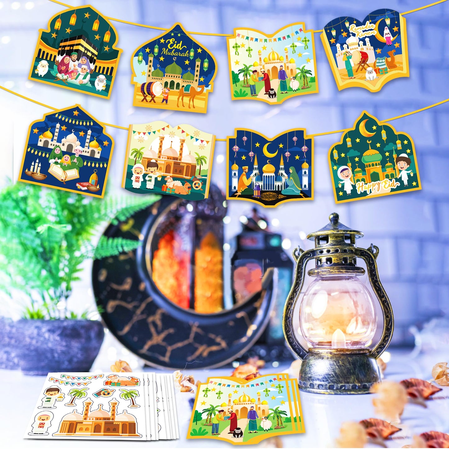 Eid Mubarak and Ramadan Kareem Craft Kit - 48 PCS DIY Mosque Scene Stickers for Kids, Create Your Own Religious Label Decal, Hanging Ornament Set for Eid Al-fitr Classroom Party Favor Goodie Supplies