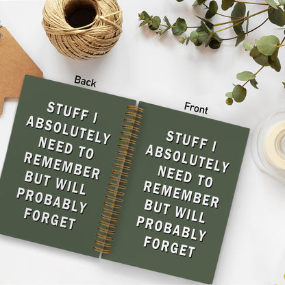 QLMX Funny Green Office Spiral Notebook, Funny Green Office Supplies Gifts for Coworkers Women Men, Stuff I Absolutely Need to Remember Journal, Humor Notebooks for Work, 5.5x8.3