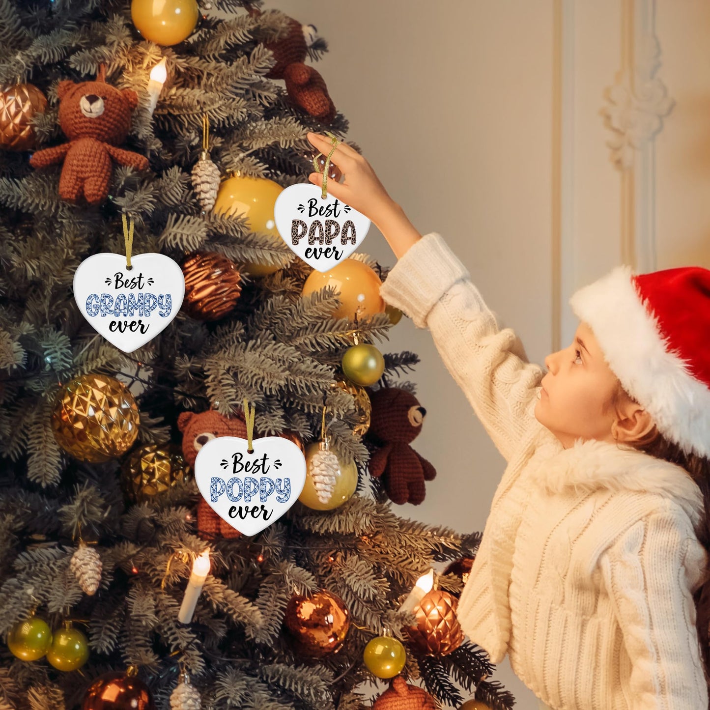 Chinoiserie Grampy Gifts Heart Ceramic Christmas Ornaments, Best Grampy Ever Gifts, Grandpa Fathers Day Birthday Gift Hanging Ornaments for Christmas Tree, Grandpa Gift from Grandkids,3x3In