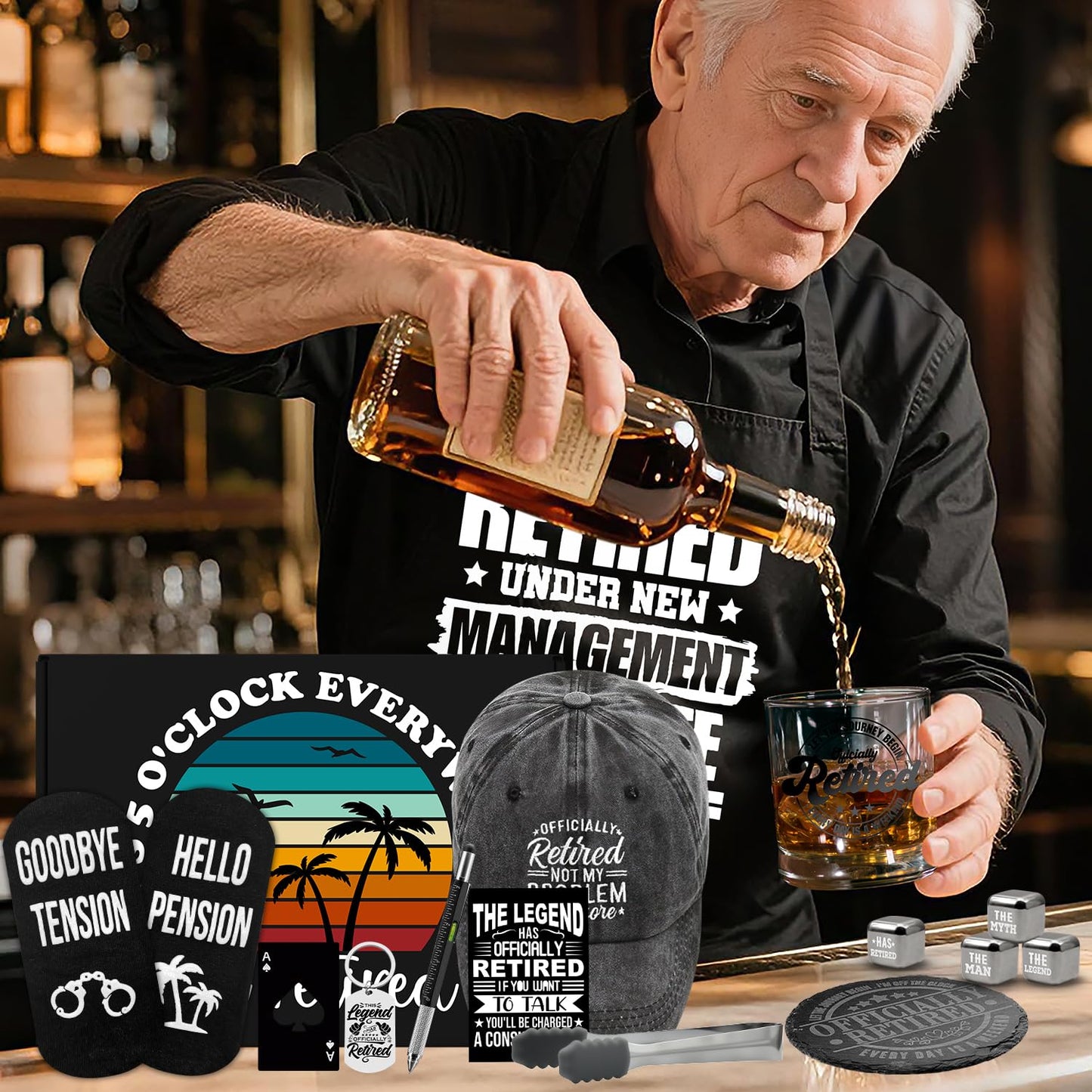 15 Pcs 2026 Retirement Gifts for Men Whiskey Glass Set, The Legend Has Retired, Funny Retired Supplies with 11 Oz Whisky Glass Coaster Stones Apron Baseball Cap Socks for Dad, Coworker, Boss, Grandpa