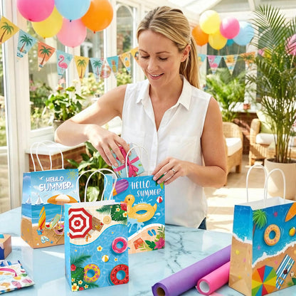 Lemicin 12 Pcs Summer Goodie Bags Pool Party Favor Bags Treat Candy Snack Bag Paper Beach Gift Bags with Handles for Hawaiian Luau Birthday Baby Shower Hello Summer Pool Holiday Party Supplies