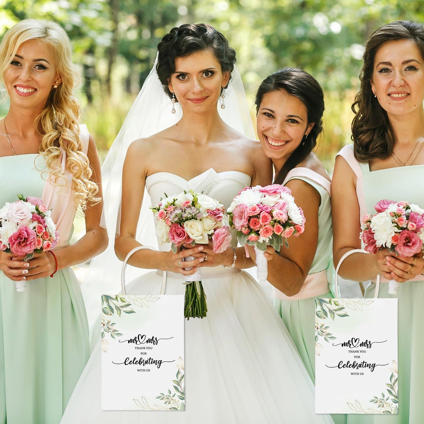 Cholemy 50 Pcs Wedding Welcome Gift Bags Bulk with Handles Thank You Kraft Paper Bags for Guests Wedding Birthday Bridal Shower Baby Shower Party Favors Supplies, 5.91 x 3.15 x 8.27 Inches