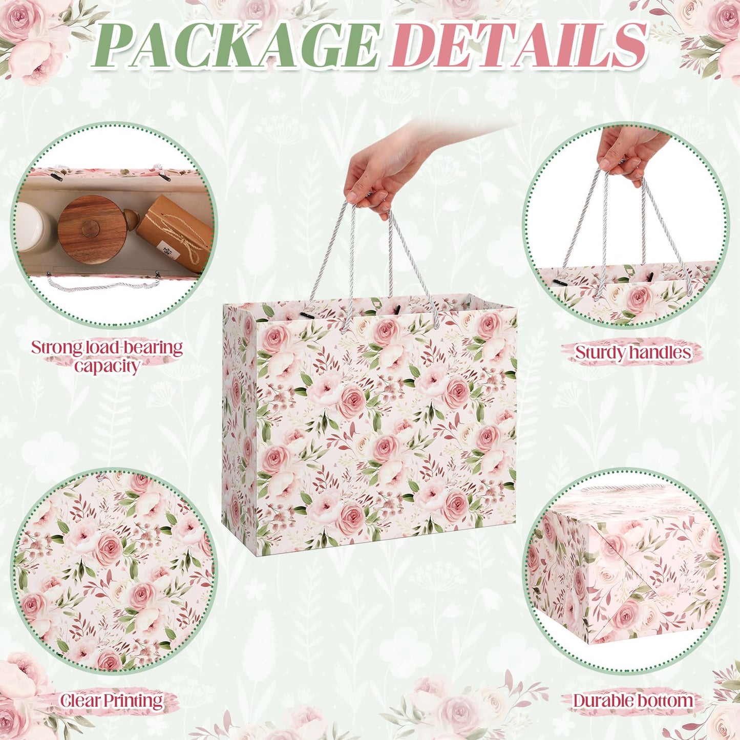 Silkfly 2 Pack Large Floral Gift Bags with Tissue Paper Ribbon Card & Envelope 13'' Flower Gift Bags for Woman Wedding Bridal Shower Baby Shower Birthday Spring Tea Party Flower Girl