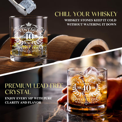 40th Birthday Gifts for Men Whiskey Glass Set, 40th Birthday Party Supplies with 11 Oz Whiskey Glass Coaster Stone Baseball Cap Apron Sock Toilet Paper Keychain for Him, Dad, Husband, Friends