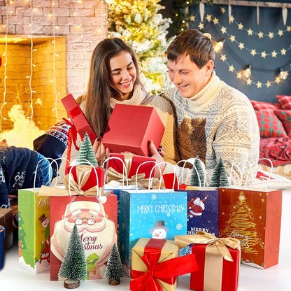24 Pcs Kraft Gift Bags - Medium Christmas Paper Bags with Handles - Six Holiday Designs for Presents and Party Favors