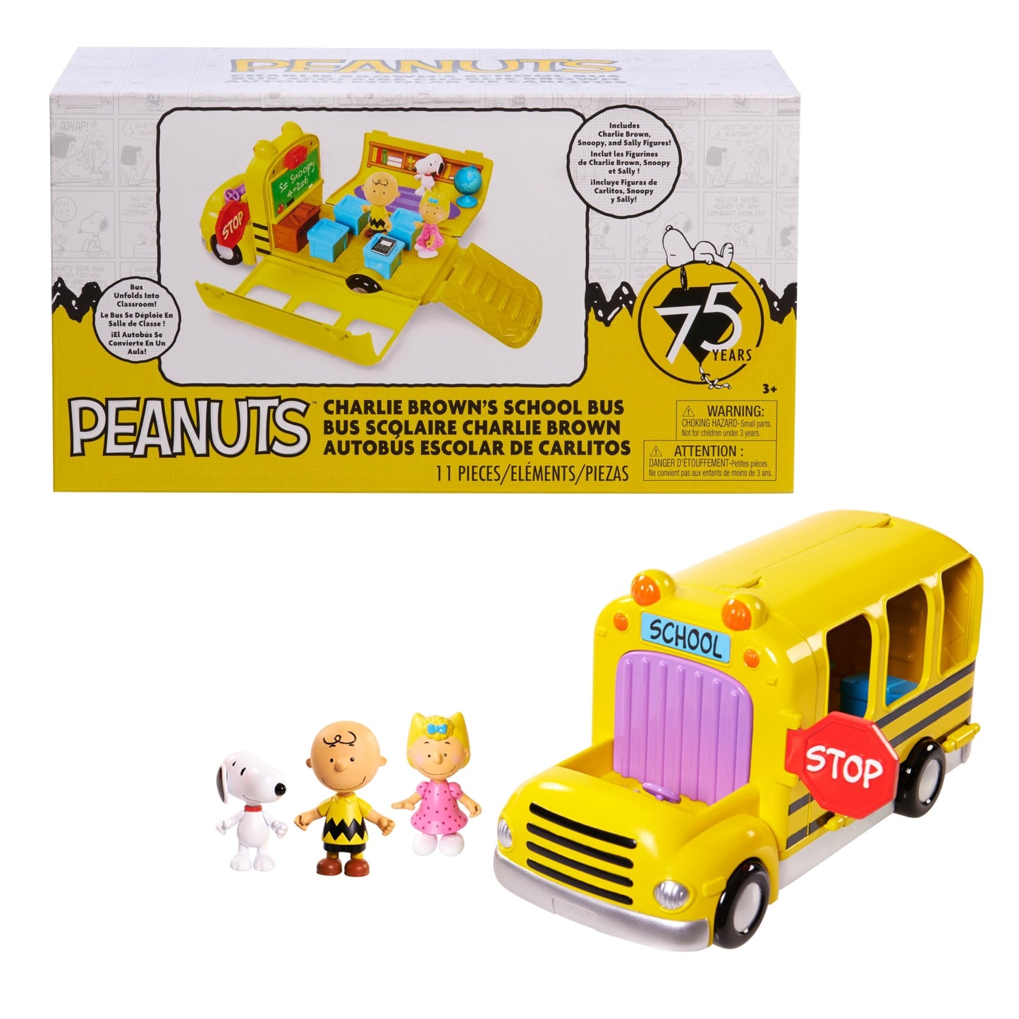 Peanuts Charlie Brown's Interactive School Bus Toy, 11-Pieces, Includes Charlie Brown, Sally, and Snoopy Figures, Toy for Fans, Boys, Girls, Kids, Ages 3 and Up, Kids Toys for Ages 3 Up by Just Play