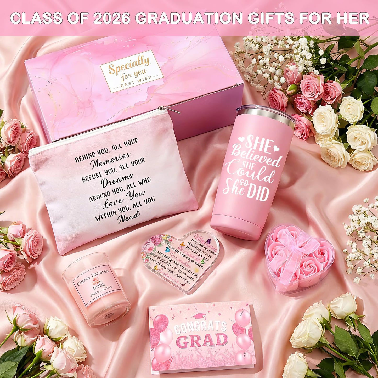 Graduation Gift for Her 2026, 8-in-1 Congratulations Gifts for Women with 20oz Insulated Tumbler, Rose-Scented Candle, Makeup Bag, High School/College Graduation Gifts for Daughter Sister Friend