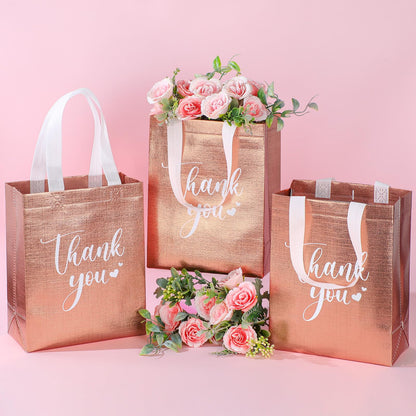 Sweetude 30 Pcs Thank You Gift Bags with Handles, Reusable Non Woven Foldable Goodie Bags Bulk for Graduation Teacher Appreciation Wedding Bridesmaid Favors(10 x 8 x 4 Inch,Rose Gold)