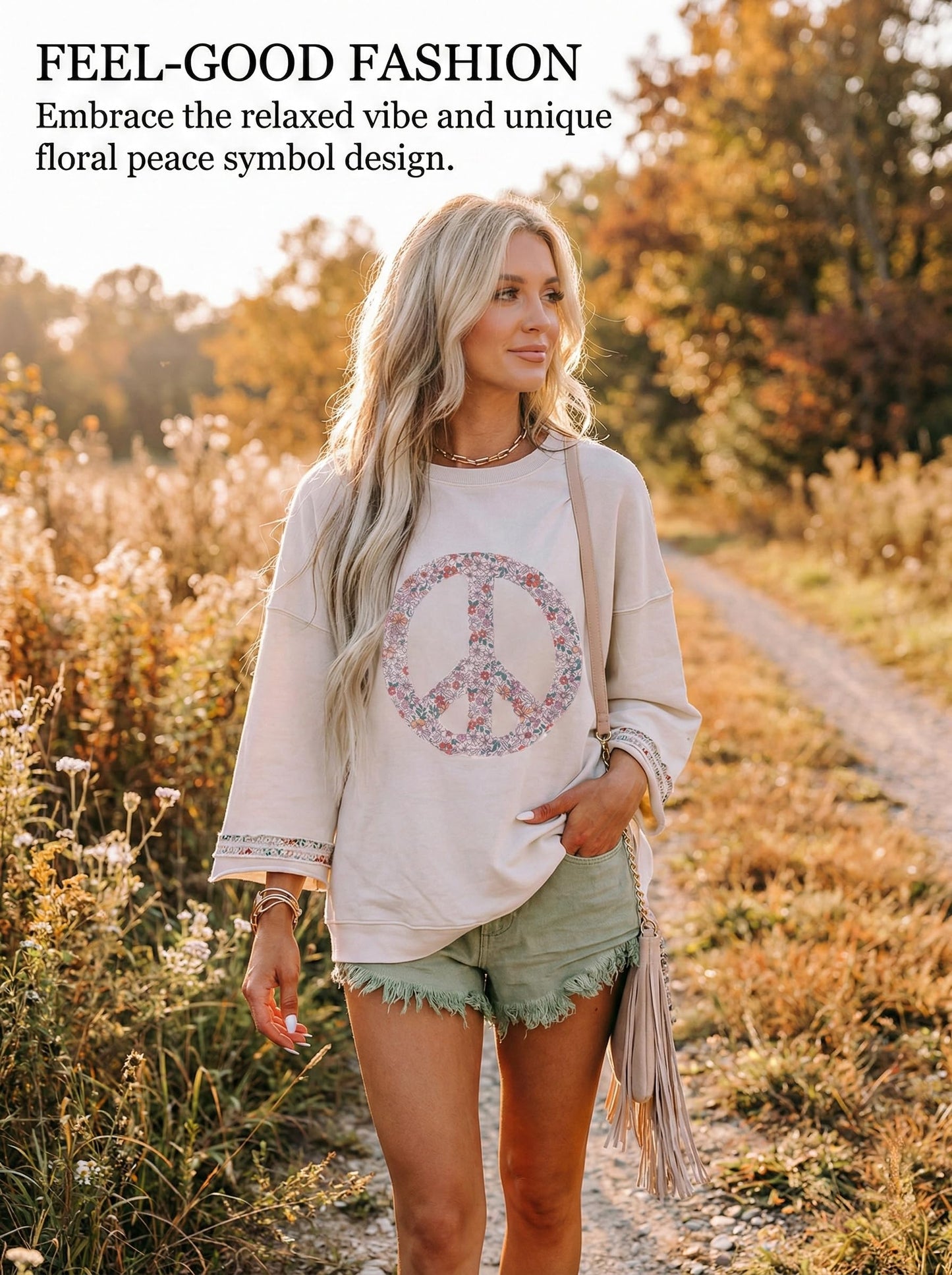 KevaMolly Womens Long Sleeve Tops Floral Peace Symbol Drop Shoulder Sweatshirt Round Neck Casual Pullover