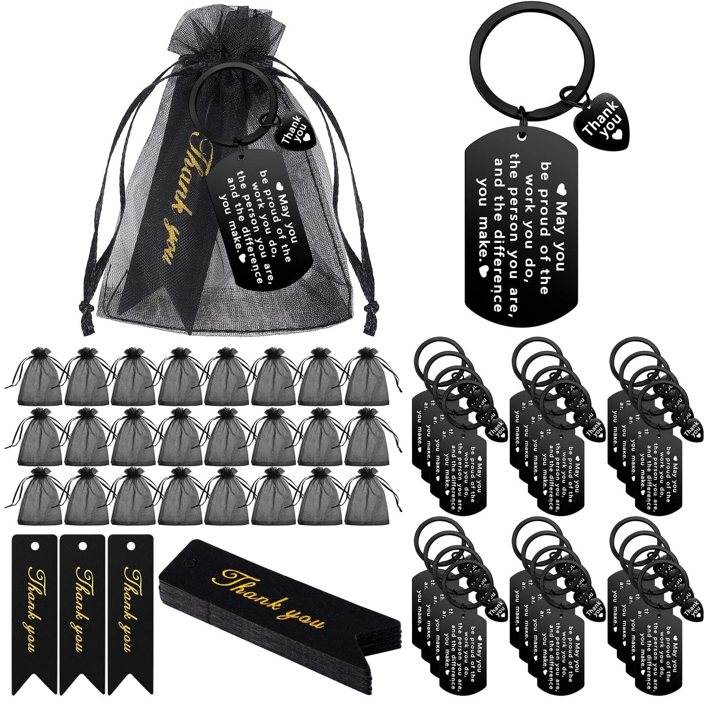 Yinkin 72 Pcs Employee Appreciation Gifts Bulk Thank You Coworker Keychain Gifts with Organza Bags and Thank You Cards(Black)