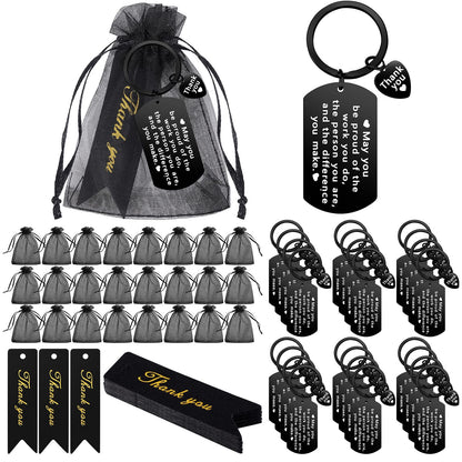 Yinkin 72 Pcs Employee Appreciation Gifts Bulk Thank You Coworker Keychain Gifts with Organza Bags and Thank You Cards(Black)