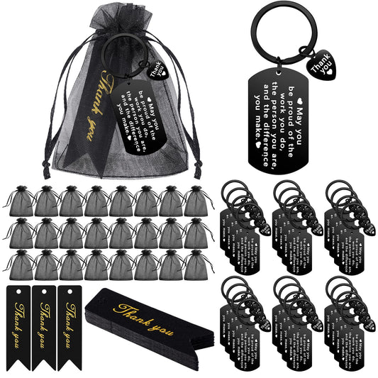 Yinkin 72 Pcs Employee Appreciation Gifts Bulk Thank You Coworker Keychain Gifts with Organza Bags and Thank You Cards(Black)
