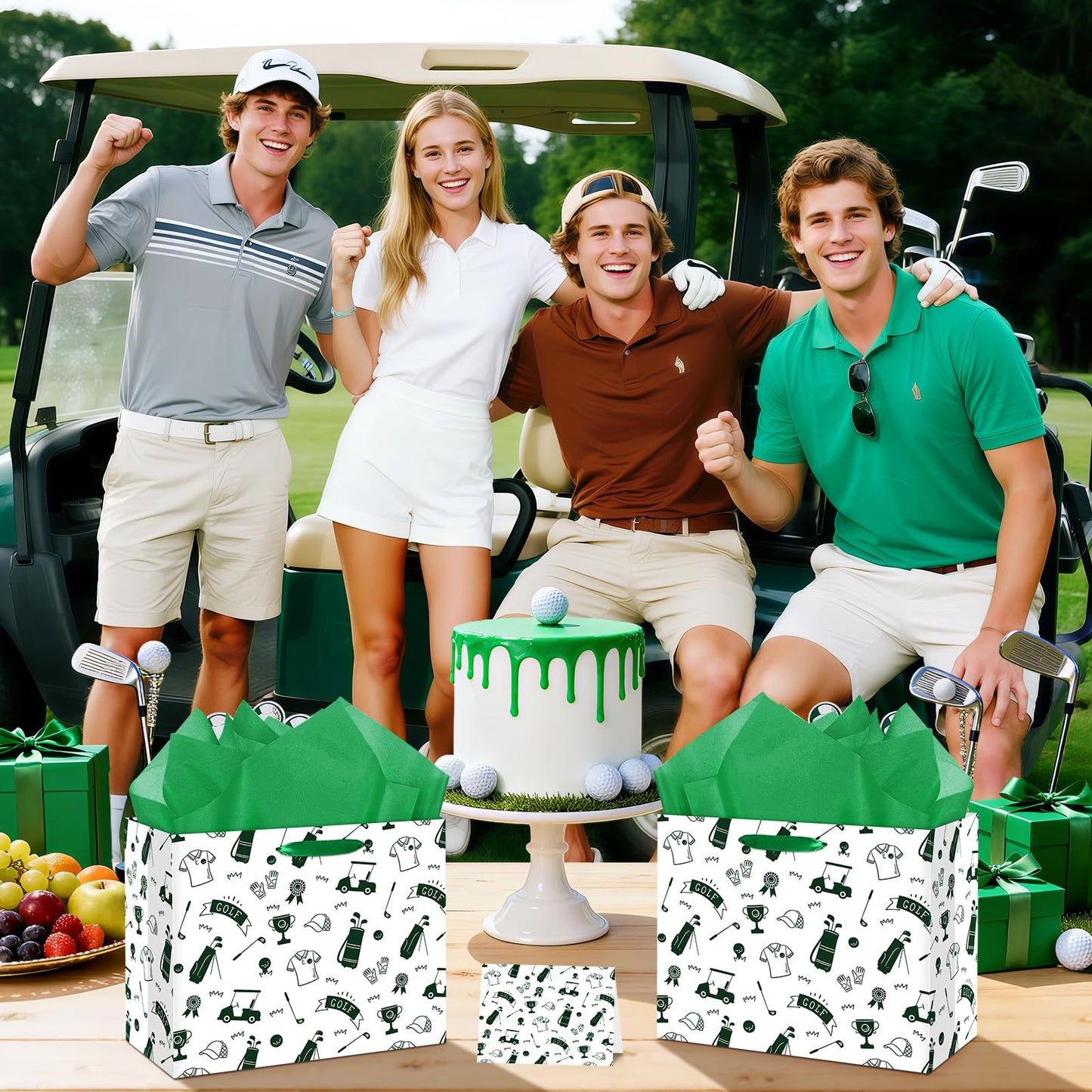 Wayyogh Golf Gift Bag for Boys & Men - Golf Theme Birthday Gift Wrapping Bag with Tissue Paper, Greeting Card, Decorations - Sports Party Favors - Green, 30 x 24 x 13.5cm