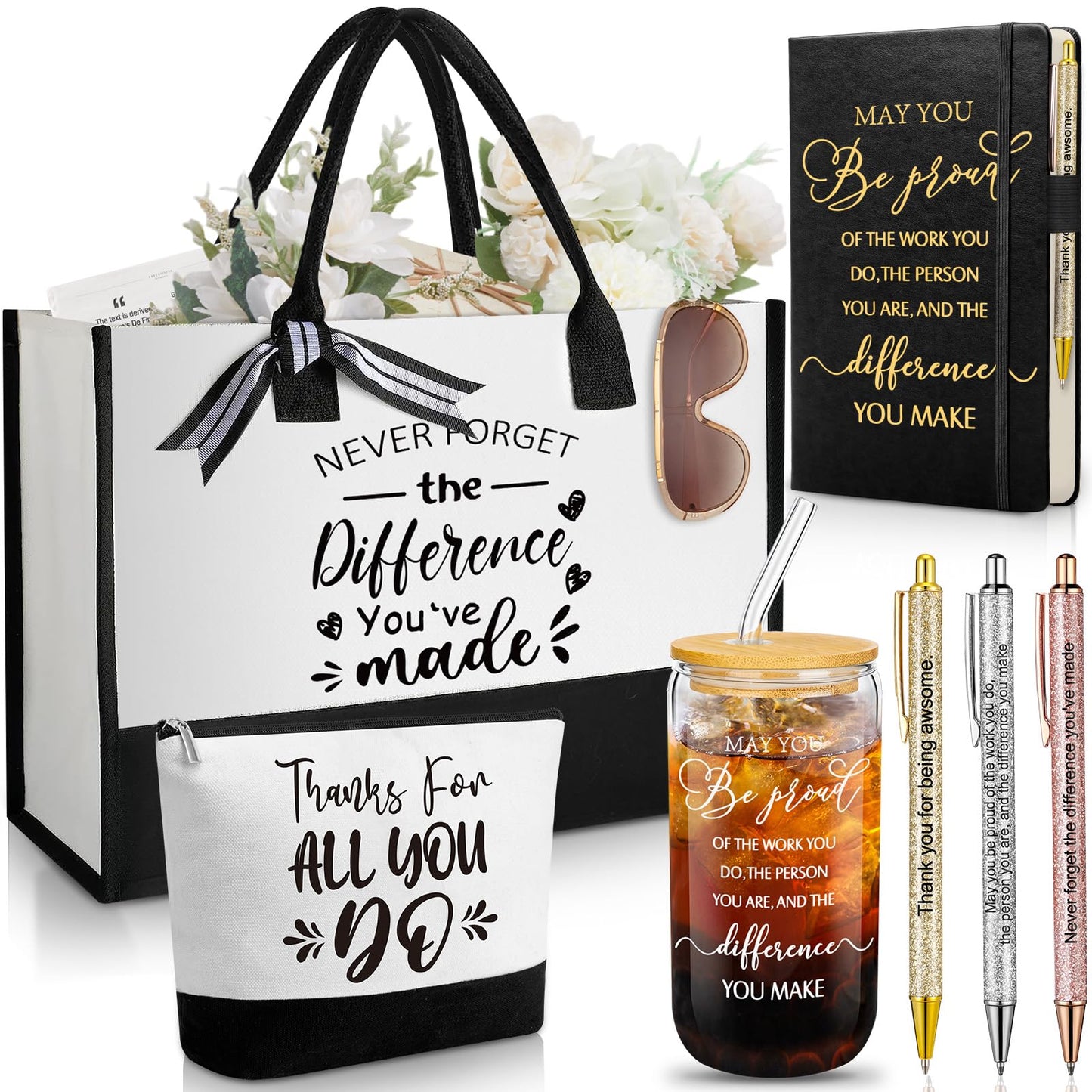 Talltalk 7 Pcs Employee Appreciation Gift Set for Women Thank You May You Be Proud Gift Glass Cup Journal Canvas Makeup Bag Ballpoint Christmas Gifts for Teacher Nurse Volunteer Coworker Staff