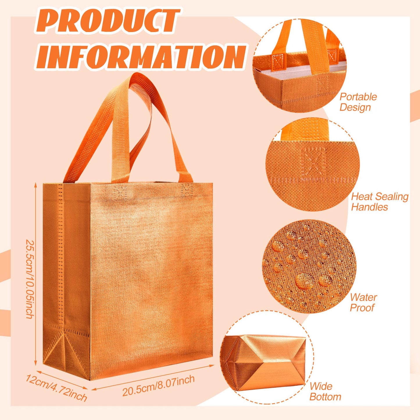 Eccliy 80 Pcs Reusable Gift Bags Set Glossy Grocery Gift Tote Bag with Hadnle for Wedding, Father's Day, Graduation, Summer Event (10 x 8 x 4.7 Inch,Orange)