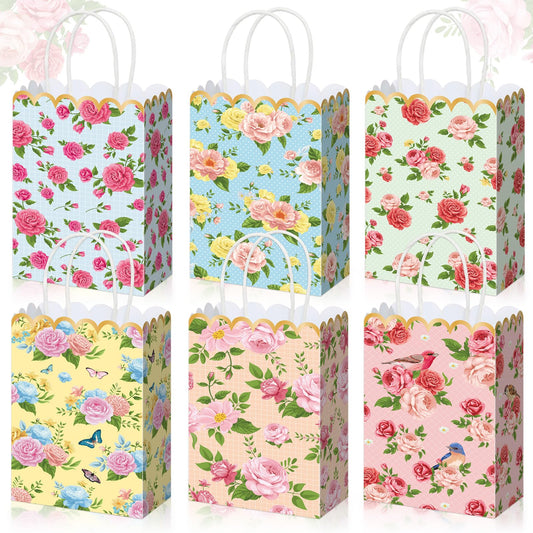 12Pcs Tea Party Gift Bags Spring Floral Gift Bags with Handles Tea Party Favors Vintage Flowers Paper Bag Spring Wildflower Favors Decoration for Princess Birthday Wedding Garden Bridal Shower