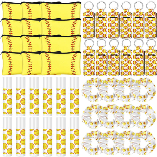 48 Pcs Softball Team Gifts Include 12 Makeup Bags, 12 Hair Scrunchies, 12 Lip Balms, 12 Lip Balm Holders for Softball Players, Girl Sports Team Accessories