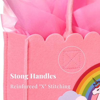 Crisky Felt Unicorn Gift Bag for Girls, Reusable Unicorn Birthday Gift Bags for Girls with Birthday Card, Pink Tote Bag for 4th 5th 6th 7th 8th 9th 10th Bday Party Decorations Gifts Ideas