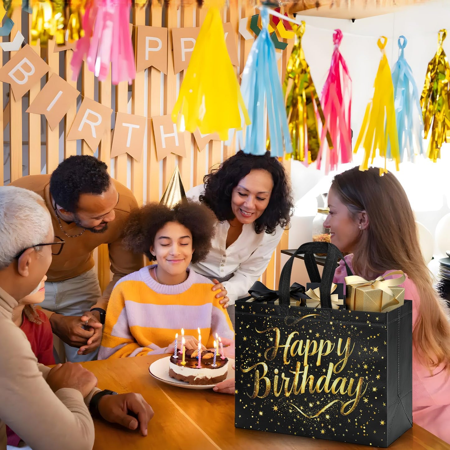 STYPOP 2 Pack 13" Large Birthday Gift Bags with Tissue Paper & Cards, Reusable Non-Woven Happy Birthday Bags with Handles, Perfect Gifts for Men, Boy, Kids, 12.8" x 10.2" x 6.3"